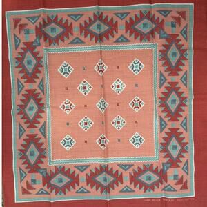 Vintage Southwest Bandana Teal Coral Tribal Geometric Desertcore Festival Boho